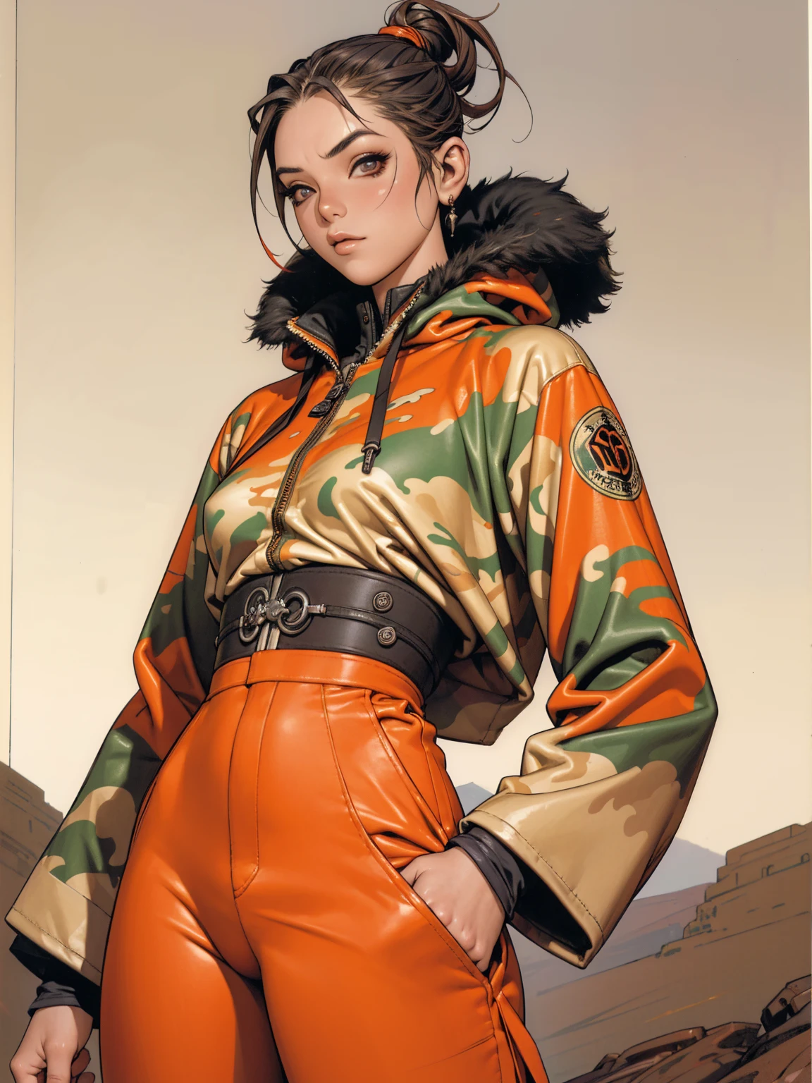 (best qualityer))), (((manga strokes))), (((blonde or black hair with red highlights))), (((wide-leg pants with desert camouflage print))), uma Kizi jovem muito bem vestida com roupas modernas de verão, paintball camouflage pattern pants, top with vertical stripes, short jacket with fur hood, beautiful and expressive face, slightly-smile, big eyes with long black eyelashes, heavy make-up, chains and zippers spread across clothes, contrasting colours, pose de atitude, hair with a modern and futuristic cut, urban game poster art, dramatic camera angles, graffiti art elements in the background, design mixing contemporary and retro by Shepard Fairey, (((cowboy shot))), (((best qualityer: 1.4))), (Unbeatable masterpiece), (hiper HD),(CG 8k hyper-realistic), Kizi, (((standing alone))), pirralha violent, (((14歳))), sexly, pose de atitude, work of art, post-apocalypse, (((manga style))), bounty hunter, violent, Manic, the way you want, slenderbody, thin but strong, perfectbody, roupa moderna, advanced technology, neon, sleeves with vertical striped pattern, neutral background, (( cowboy shot )). intricate visual