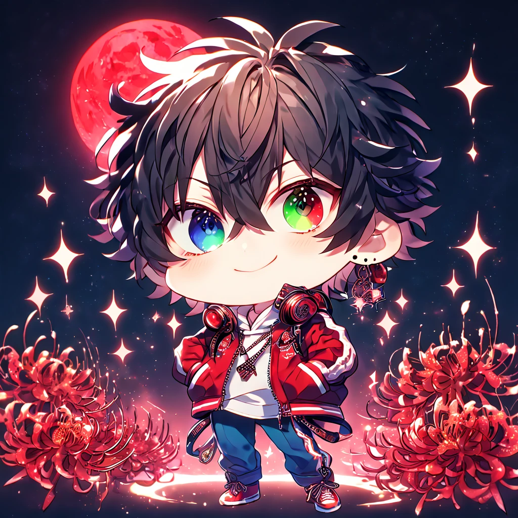 absurdres, highres, ultra detailed, HDR, master piece, best quality, extremely detailed, Yamada Ichiro chibi, chin length black hair, heterochromia, left eye is red, right eye is green, Hypnosis Mic, white hoodie with two zippers, red varsity jacket, red headphones around his neck, blue pants, red shoes, solo, cute, smiling, fantasy, red blood water, sparkling, red glittering fireflies, red moon, red blossoms, red spider lilies, red sparkling lights, starry sky, magical