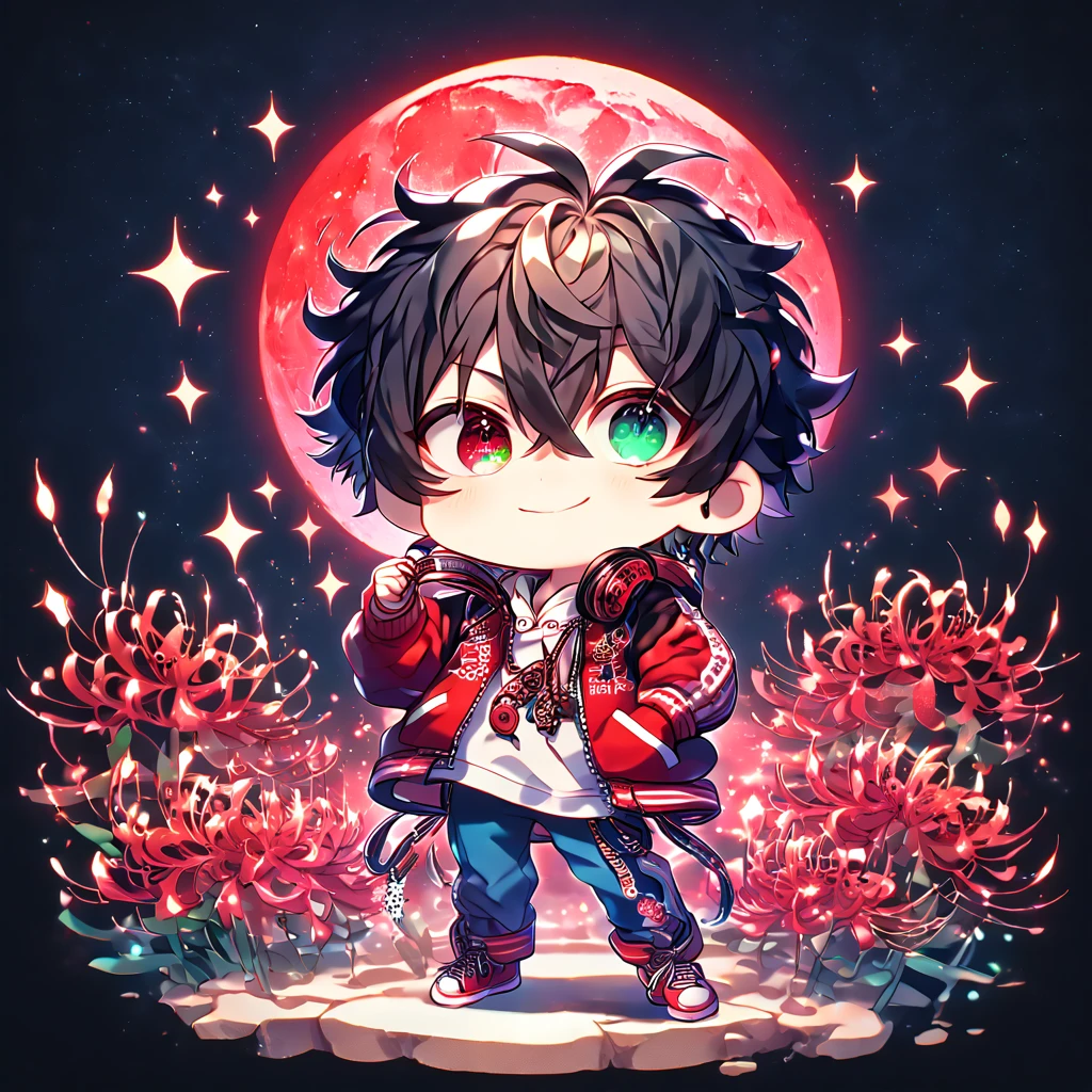 absurdres, highres, ultra detailed, HDR, master piece, best quality, extremely detailed, Yamada Ichiro chibi, chin length black hair, heterochromia, left eye is red, right eye is green, Hypnosis Mic, white hoodie with two zippers, red varsity jacket, red headphones around his neck, blue pants, red shoes, solo, cute, smiling, fantasy, red blood water, sparkling, red glittering fireflies, red moon, red blossoms, red spider lilies, red sparkling lights, starry sky, magical