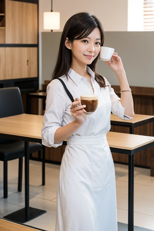 A neat and clean Japanese office lady works in a cafe