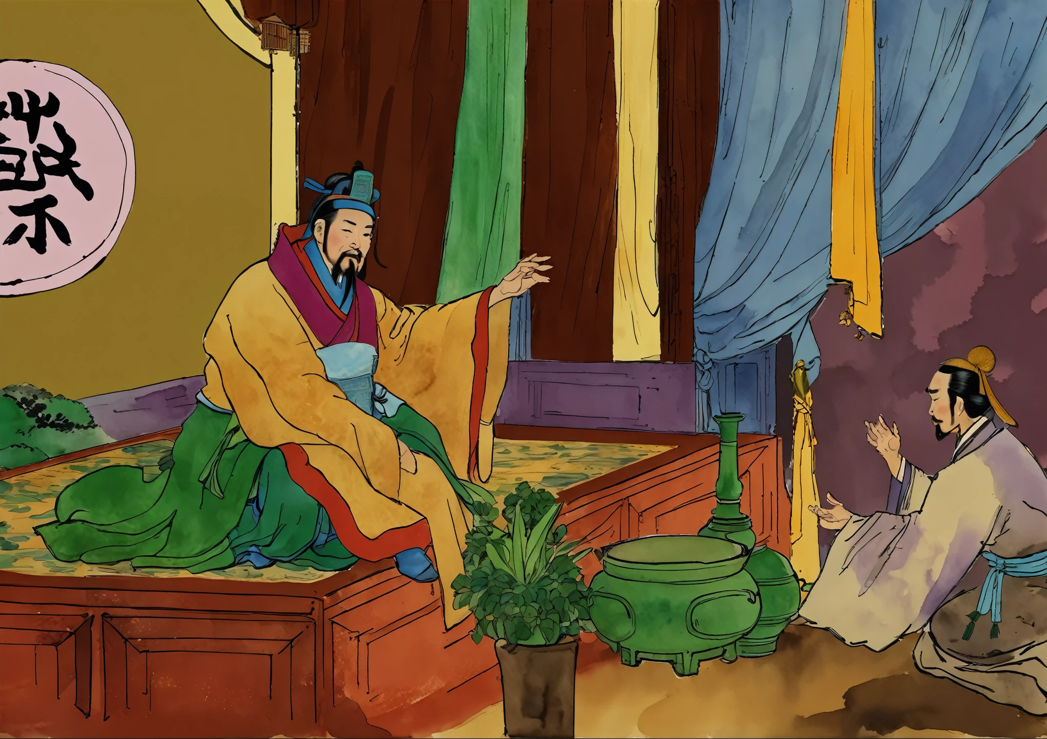 Scene with a man and a civilian in the Chinese room, a Storybook illustration, Storybook illustration, king, Sitting on his throne, Storybook illustration, drapery,tent,Sitting at the table,Wooden Cabinet、Bronze,Potted plants nearby,scarf,author:Randolph Caldecott, (watercolor, masterpiece, representative work, Illustration Art, Professional Line Art, Super complex and detailed, Chinese painting,Ink:1.3)