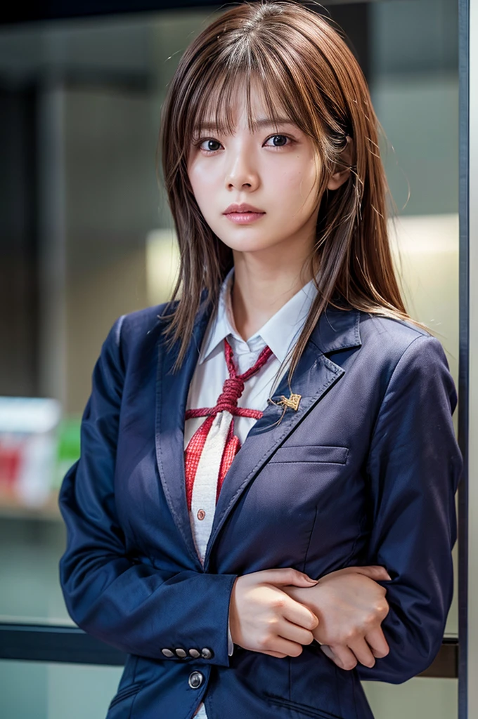 Five female bank employees were attacked and taken hostage by robbers、All their hands are tied behind their backs with rope、Are standing、wearing a bank uniform、Age 25、Beauty、Well-formed face、Medium、, Light brown hair, Straight hair, Swept-apart bangs, Surrealism, Cinema Lighting, tachi-e, Nikon, Wide-angle, 超High resolution, Anatomically correct, Textured skin, Highest quality, High resolution, 8k, Anatomically correct