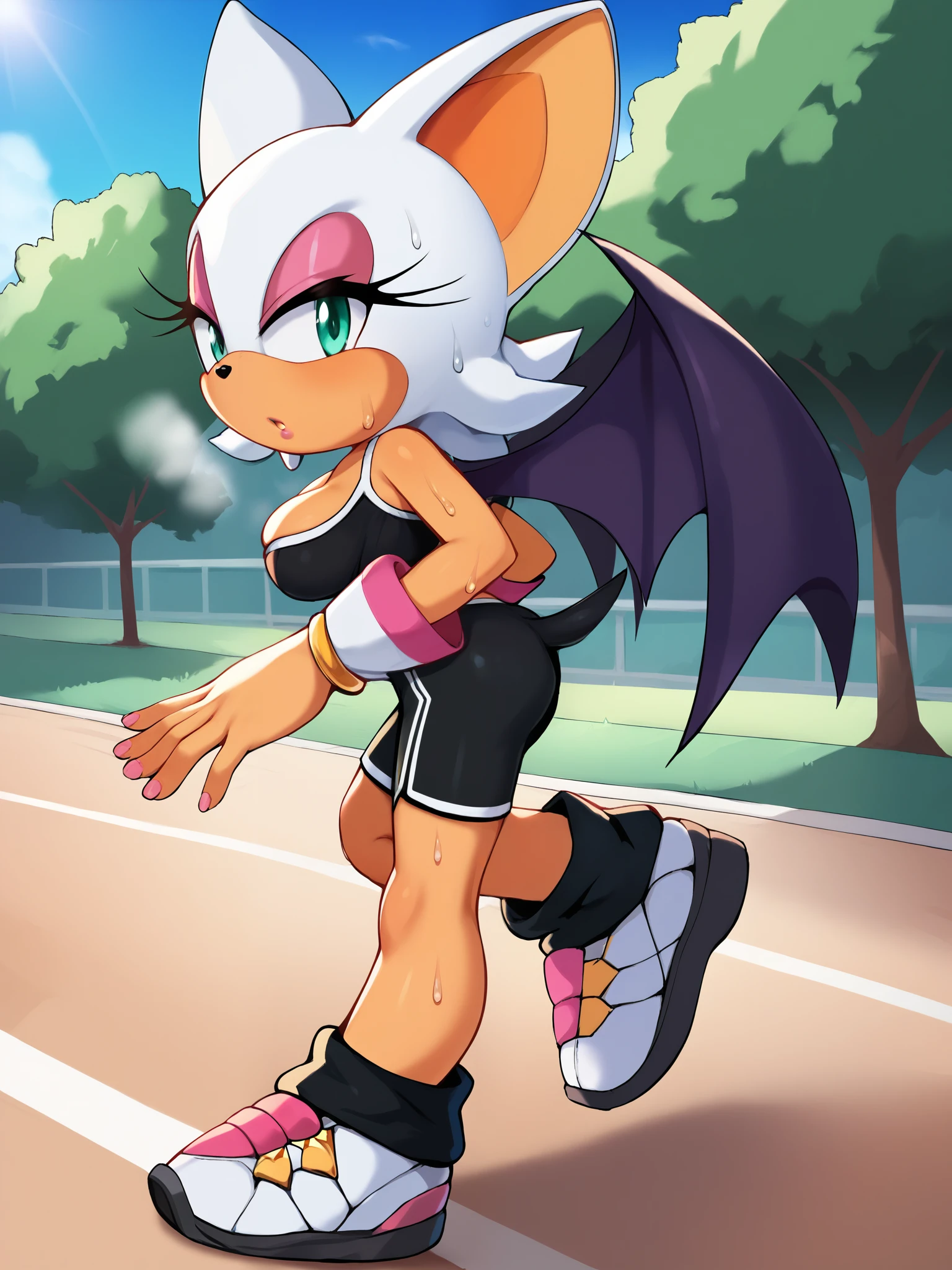 score_9, score_8_up, score_7_up, score_6_up, score_5_up, score_4_up, rouge the bat, (behind view), (viewed from the side), (2D anime style), anthro furry, orange fur, cyan eyes, bat ears, small tail, orange tail, cleavage, strapless, (black crop top), (black hot pants), cameltoe, (white sneakers), (white armbands), bare hands, sexy curves, big head, (solo), (jogging), sweating, heavy breathing, exhaling, looking at viewer, seductive stare, (outside park background)