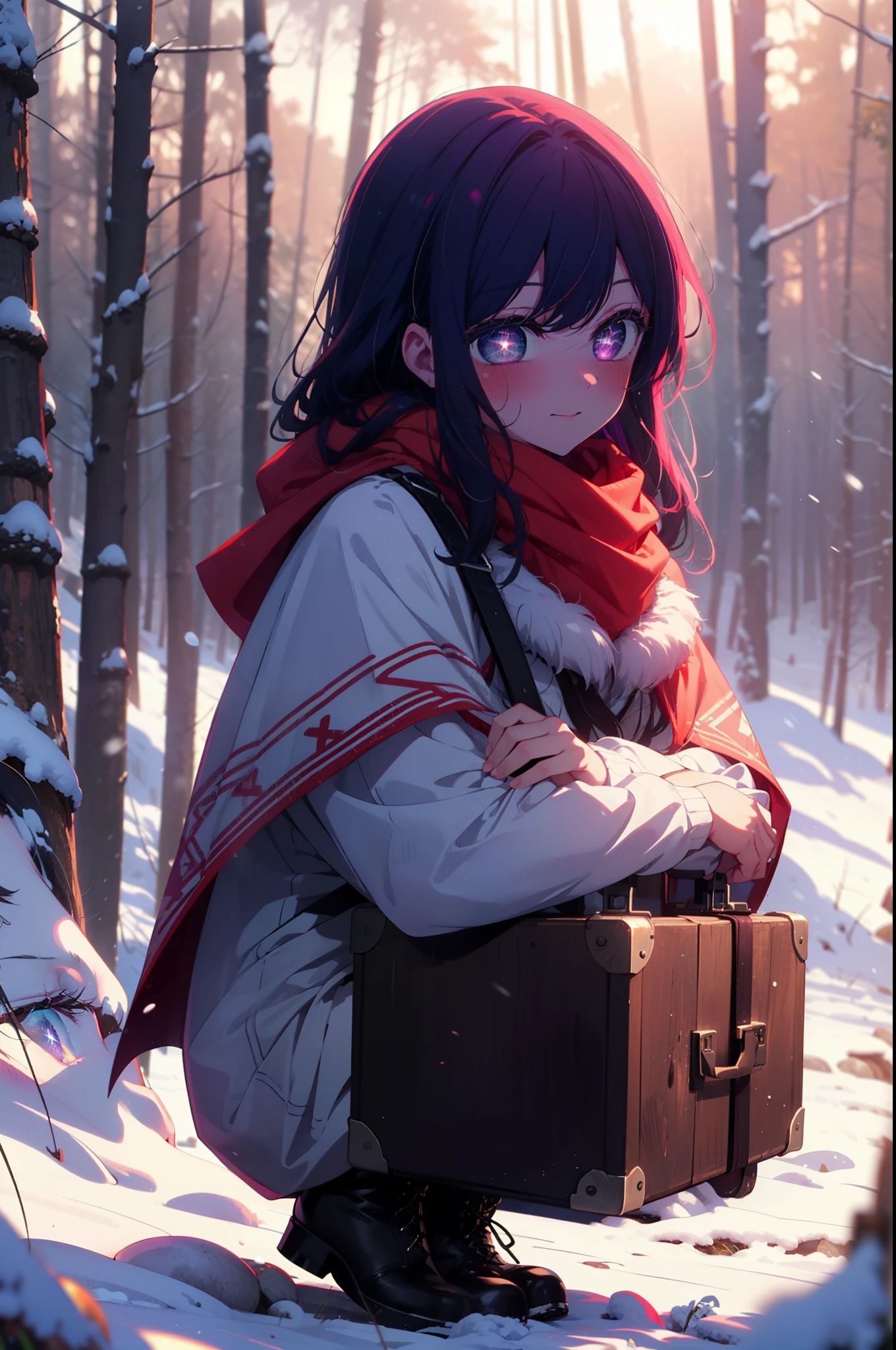 aihoshino, Ai Hoshino, Long Hair, bangs, (Purple eyes:1.1), Purple Hair, (Symbol-shaped pupil:1.5), smile,,smile,blush,white breath,
Open your mouth,snow,Ground bonfire, Outdoor, boots, snowing, From the side, wood, suitcase, Cape, Blurred, , forest, White handbag, nature,  Squat, Mouth closed, Cape, winter, Written boundary depth, Black shoes, red Cape break looking at viewer, Upper Body, whole body, break Outdoor, forest, nature, break (masterpiece:1.2), Highest quality, High resolution, unity 8k wallpaper, (shape:0.8), (Beautiful and beautiful eyes:1.6), Highly detailed face, Perfect lighting, Highly detailed CG, (Perfect hands, Perfect Anatomy),