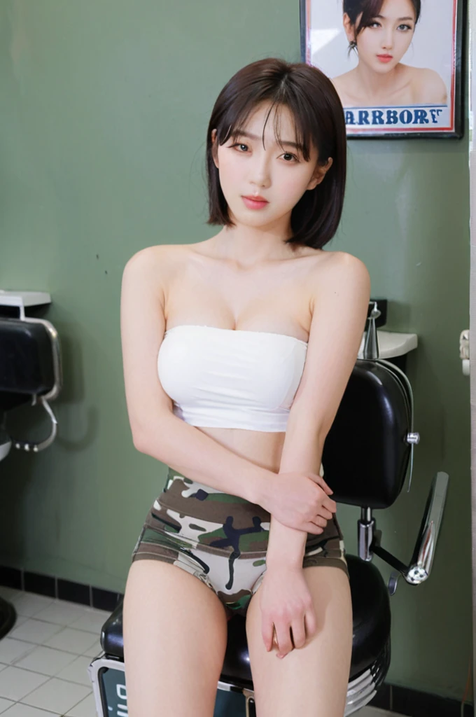 close-up of beautiful South Korean, An Yujin is a IVE South Korean pop girl group, girl, youthful face, perfect body, white body skin, shoulder length cut, standard black hair, her hair is very straight and smooth, flat bangs cut, 36 inches breasts size, wearing a plain standard bright white strapless tube top, wearing a tight camouflage seamless spandex boyshort pant short leggings, Yujin sits on the military barbershop, Yujin holding breasts with her own two hands is very sexy and sigh, Yujin squeezes the breasts very seductively, Yujin lowered her strapless tube top a little bit, ((Yujin held her breasts while lying down in the military barbershop)), ((Yujin experienced arousal when her breasts became tense and made her look tempted)), Yujin pees in the military barbershop with a sigh and seductive, Yujin pees, Yujin peed herself until she was wet, ((peeing self)), ((wet pee)), ((Yujin's hair was cut by a male barber using a scissor)), ((Yujin was seen sighing and flirting as his hair was cut by a male barber using a scissor)), ((the remaining hair pieces were scattered on the floor of the military barbershop)), ((strands of Yujin's hair fell to the floor)), ((the remaining hair pieces fell under the floor)), sexy looking pose, pose a naughty look, pose looks seductive, at the military barbershop, military barbershop background, UHD