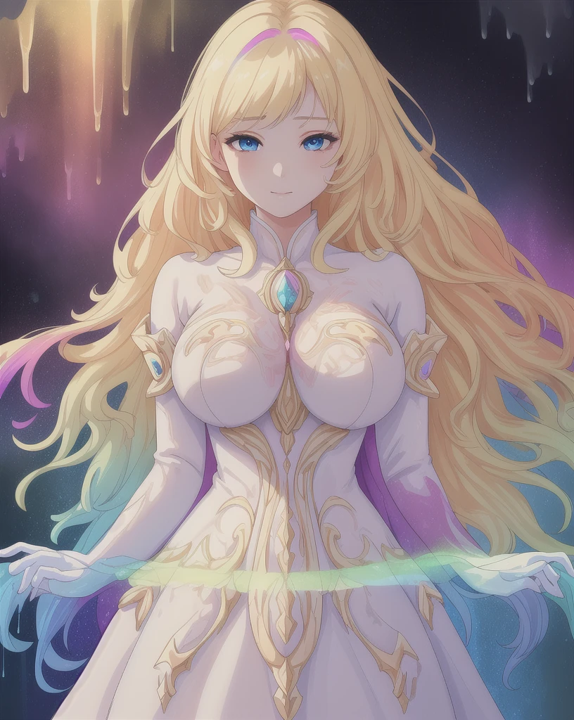 Realistic images、Beautiful blonde woman, The wax dress melts and drips off her body. (masterpiece: 1.2), (Highest quality), 4K, Very detailed, (Dynamic configuration: 1.4), Very detailed, Colorful details, (Rainbow colors: 1.2), (Bright lighting, Atmospheric lighting),Mystical beauty、 dream-like, Magic, (alone: 1.2)