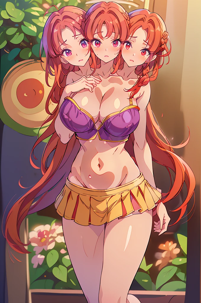 (masterpiece, best quality), best quality, (ultra-detailed), ((3heads:1.5)), 1girl, (kotohime:1.3), masterpiece, best quality, ultra quality, ultra resolution, ultra detail, purple top, crop top, ((stomach)), midriff, ((groin)), exposed open belly, purple skirt, normal ears, shackles, red hair, very long hair, wavy hair, sidelocks, red eyes, detailed eyes, beautiful eyes, pupils, parted lips, open belly, sweat, cute, toned belly, hand on own chest, eyelashes, (25 year old woman:1.3), (masterpiece:1.5), (best quality:1.5), (beautiful detailed), extremely detailed CG, extremely delicate and beautiful, depth of field, (finely detailed face), (perfect details:1.2), (mature female:1.3), wide pelvis, slender, large veiny breast, 16k resolution, highres, very high quality, very high definition, extremely detailed, masterpiece, ((red hair)), long hair, alluring presence, braid, short skirt, close up, very big tits, very huge tits, young, 3heads, three headed girl, ((redhead)),
