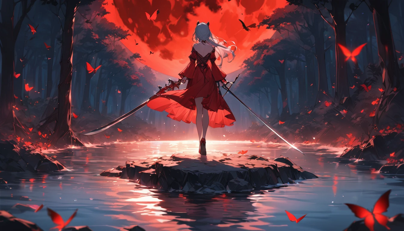 Attention to detail,Super Detail,Ultra-high resolution,A girl holding a sword stands in the middle of a river,A red full moon behind the girl,The moonlight on her back,The background is a red moon with a full moon in the middle,There are forests on both sides,Red butterflies fly,Fine face,Add a fantastical atmosphere