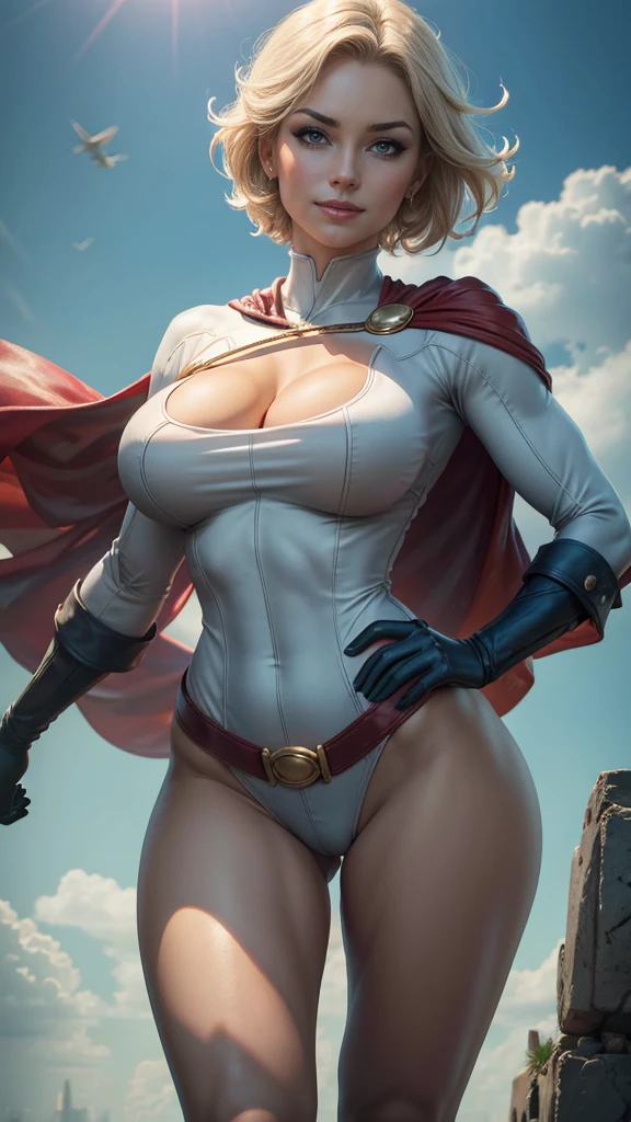 Power Girl da DC Comics,(best qualityer,4K,8k,high resolution,work of art:1.2)(weather: windy),battle ruins,Gotham,short hair,ultra detailed,realisitic,portraite,beautiful detailed blue eyes,beautiful detailed lips,bodycon skirt,striped panties,uncovered belly,extremely detailed eye and face, long eyelashes,sexly,average,large breasts,cleavage,flying hair,gloves,beaming smile,powerful girl in a battle,combat pose,stunning curves,bright coloured,dramatic lighting,battle background,composition,red cape,