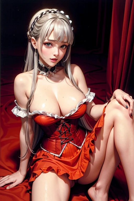 best quality, 32k, RAW photo, incredibly absurdres, extremely detailed, beautiful and cute lady, squat down with your legs wide apart, writhing in ecstasy, her face slightly raised and her lips half-open in an amorous and lewd expression, wearing orange and wine red cute corset ruffle long dress, large breasts, slender, perfect proportion, iridescent silver braided bangs and side hair