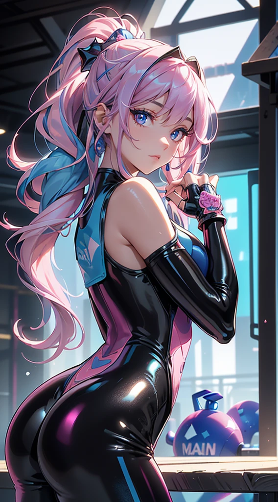 rear view, backside view,Best Quality，tmasterpiece，ultimate resolution，Suave，extremely colorful，Color，Mermaid princess，(black latex bodysuit:1.4)，Black stockings，Starrysky Android!,More detailed 8K.unreal engine:1.4,UHD,La Best Quality:1.4, photorealistic:1.4, skin texture:1.4, masterpiece:1.8,first work, Best Quality,object object], (detailed face features:1.3),(inside a blue gym:1.4),(long pink hair:1.4),（Beautiful and detailed eye description）,(detailed hands:1.4), (white sportswear:1.4), Ultra-detailed,detailed eyes,