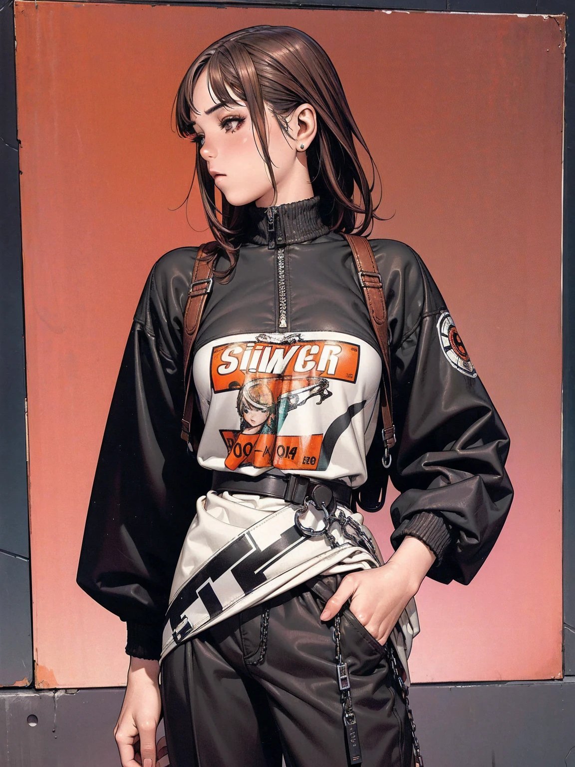 (best qualityer))), (((manga strokes))), (((dark brown curly hair with bangs))), (((baggy pants with black spots))), (((pixel pattern))), (((Rusc GFX_dark))), uma Kizi jovem muito bem vestida com roupas modernas de inverno, pants with paint splatters, top gift vertical stripes, short jacket with dark fur collar, beautiful and expressive face, slightly-smile, big eyes with long black eyelashes, heavy make-up, chains and zippers spread across clothes, contrasting colours, pose de atitude, hair with a modern and futuristic cut, urban game poster art, dramatic camera angles, graffiti art elements in the background, design mixing contemporary and retro by Shepard Fairey, (((cowboy shot))), (((best qualityer: 1.4))), (Unbeatable masterpiece), (hiper HD),(CG 8k hyper-realistic), Kizi, (((standing alone))), pirralha violent, ((())), sexly, pose de atitude, work of art, post-apocalypse, (((manga style))), bounty hunter, violent, Manic, the way you want, slenderbody, thin but strong, perfectbody, roupa moderna, advanced technology, neon, chevron pattern sleeves, abandoned factory background, (( cowboy shot )). intricate visual
