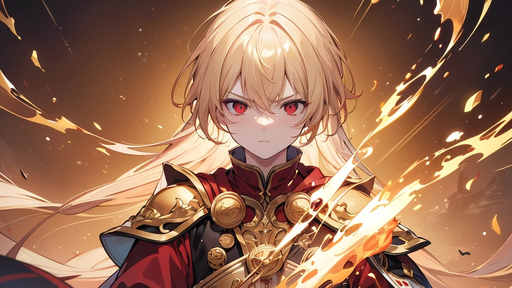 (Highest quality)　(4K)　(8k)　(High resolution)　(masterpiece:1.2)　(Super detailed)　One boy　short hair　Wizard　Red eyes　Long sleeve　Golden decoration　Hair between the eyes　White costume　Wavy golden hair　Upper Body　　Young　Serious　A  of about 　Get angry　Upper Body　Blonde　Look at the bottom right