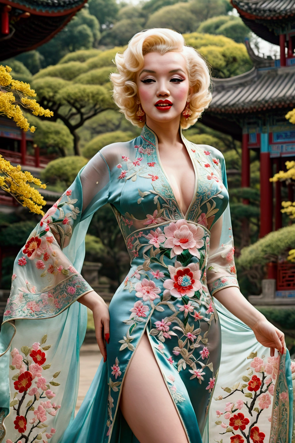 1 woman (Marilyn Monroe, age 25, intricate silk Chinese dress with lots of embroidery sheer with several large slits, no underwear, traditional hairstyle and Chinese makeup) wandering through a palace garden