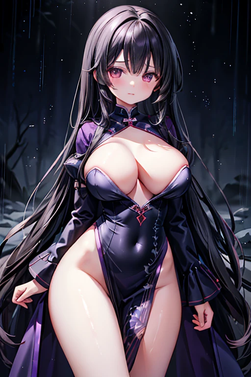 Maximum quality, Masterpiece artwork, high qualiy (Uma garota very beautiful, very beautiful) with long, curly black hair, full, big boobies,waist long, purples eyes, nice, wearing a long, voluminous coat with large sleeves, outdoors and amidst dense forest and calm rain.