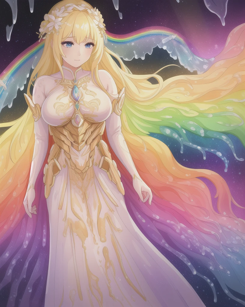 Realistic images、Beautiful blonde goddess, The wax dress melts and drips off her body. (masterpiece: 1.2), (Highest quality), 4K, Very detailed, (Dynamic configuration: 1.4), Very detailed, Colorful details, (Rainbow colors: 1.2), (Bright lighting, Atmospheric lighting),Mystical beauty、 dream-like, Magic, (alone: 1.2)  