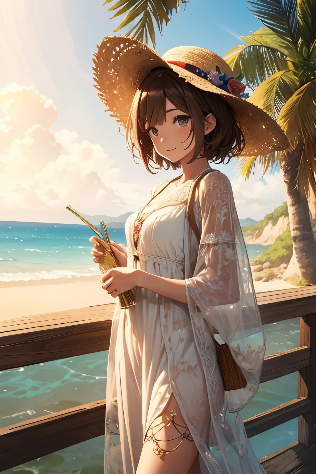 masterpiece、Vast landscape((Mystic Sea、Sandy Beach))、Beautiful girl、Huge 、Brown hair Short hair、Long dress embroidery、Straw hat with floral decoration