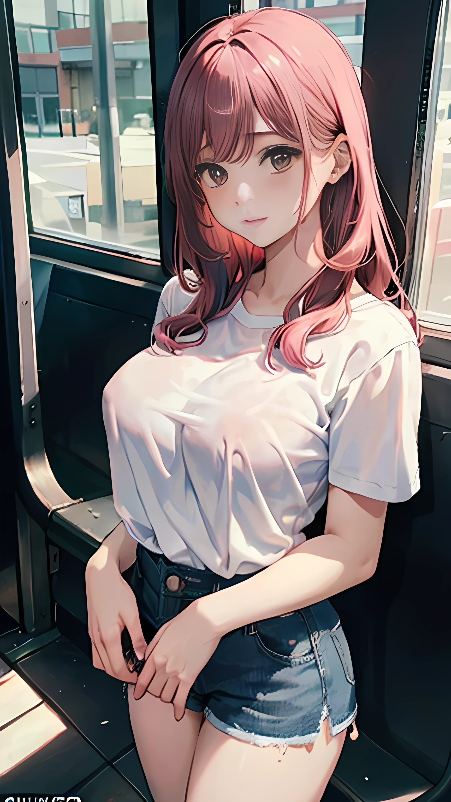 (masterpiece:1.2, Top quality),, Nice illustration, (Natural side Light, Light),
Looking at the audience, 1 girl,Nipple protrusion, Pink Hair,White shirt clothes,Denim shorts,Large Breasts,Nipple protrusion2:1,She is standing on the bus,Nipple protrusion,front