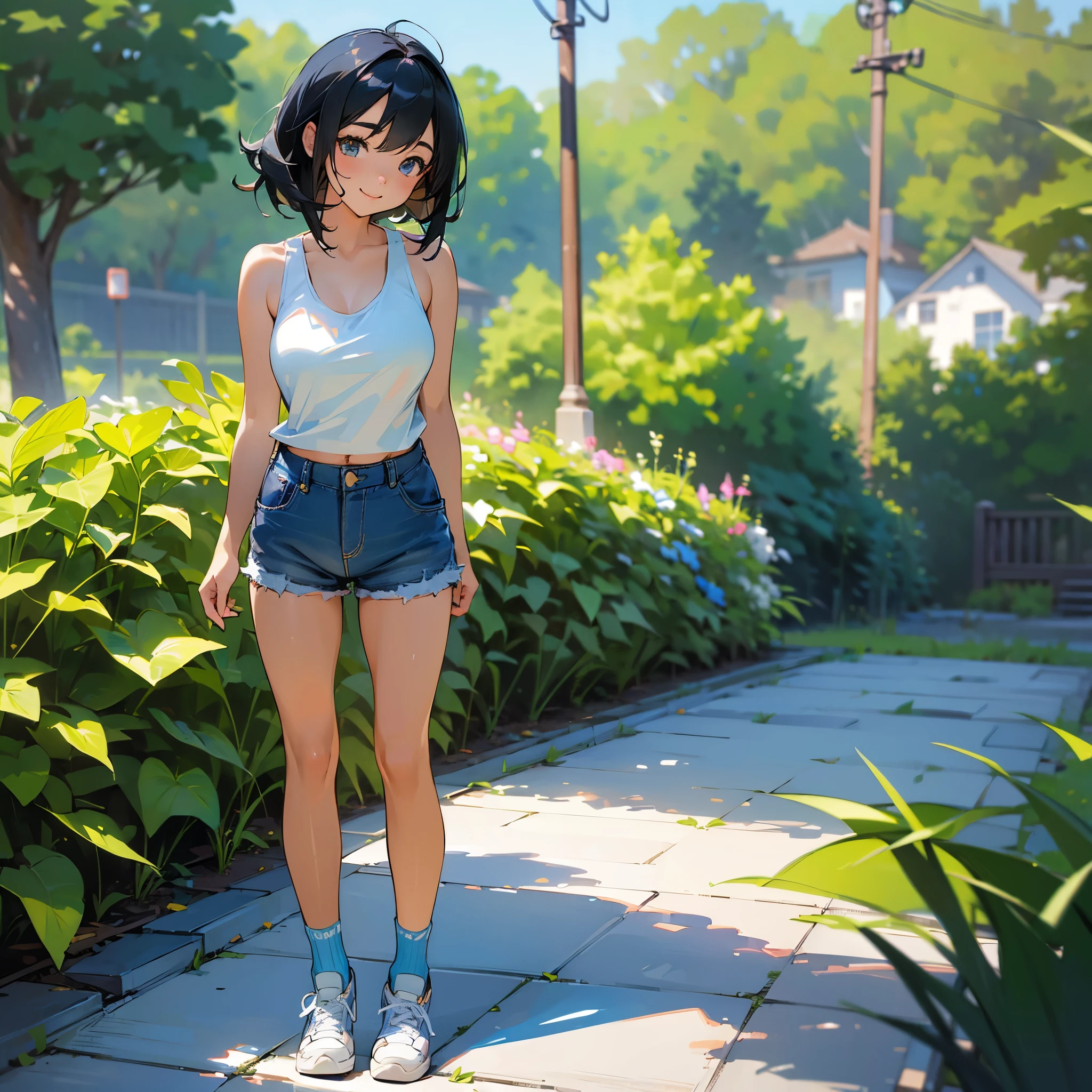 (high quality, High resolution, Very detailed, reality:1.37), Peaceful atmosphere, (Outdoor, garden), Teenage girl standing alone, (my breasts are big.), Beautiful details, Cute Smile, (Black bob hair), White tank top, Denim shorts, Blue socks, sneakers.