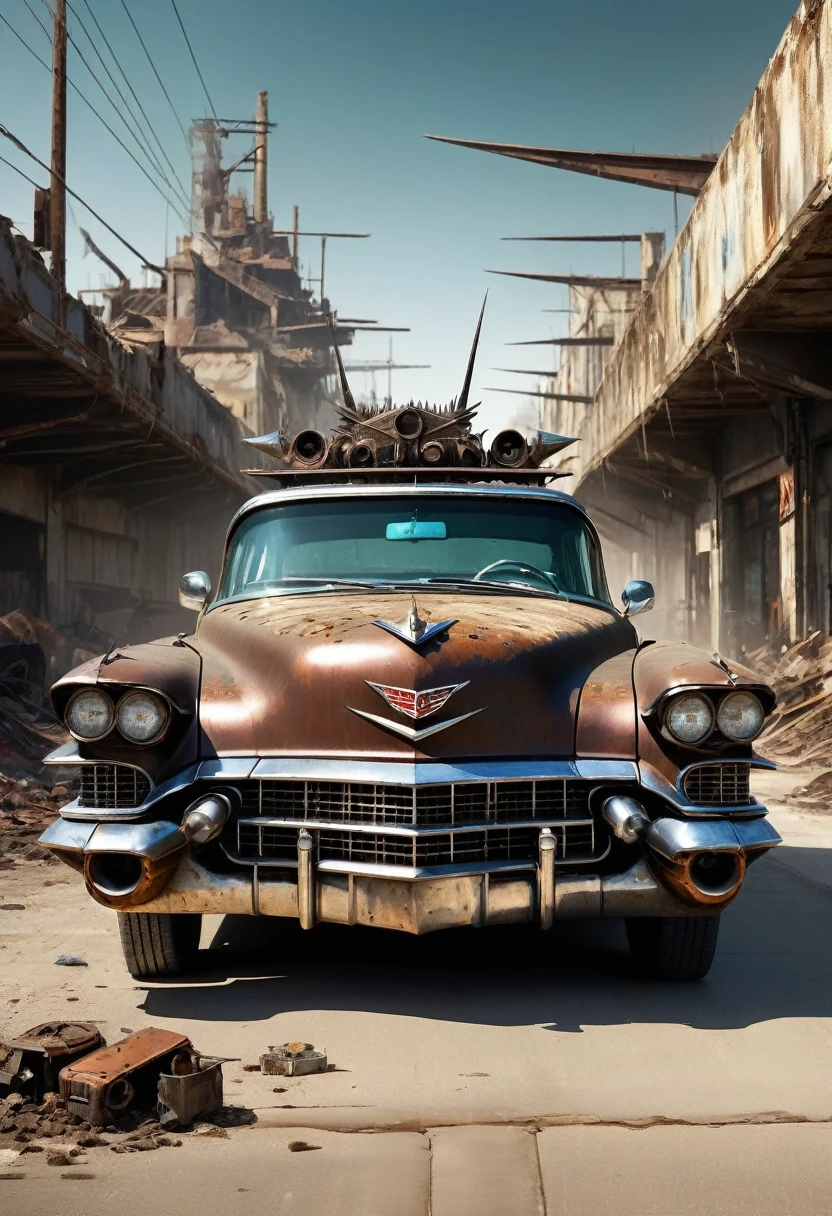 Create a top and diagonal image of an 18 year old girl with sunglasses driving inside an old rusty 1955 Cadillac Eldorado with METAL spikes on the hood, War vehicle, WITH MANY SKEWERS AROUND the bodywork. WIDE, THICK WHEELS, front with a spiked metal anti-zombie grille with several rusty spikes; military style with modifications and metal protection, war tank style, the car races on a street suspended over a destroyed white concrete overpass in the center of a post-apocalyptic city with many rounded and dilapidated ultra futuristic buildings around, steampunk car, dramatic art, dieselpunk art style, apocalyptic road warrior vibe, surreal digital art, mad max inspired, heavy metallic artwork, chrome face symmetry, arte steampunk digital, It&#39;s not the Mad Max style, metallic art, is not Filip Hodas; artwork style, steampunk digital art, dieselpunk, in a hightech world, photo on the diagonal