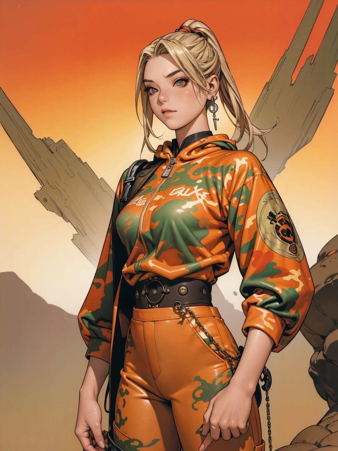 (best qualityer))), (((manga strokes))), (((blonde hair with red highlights))), (((wide-leg pants with desert camouflage print))), uma Kizi jovem muito bem vestida com roupas modernas de verão, paintball camouflage pattern pants, top with vertical stripes, short jacket with fur hood, beautiful and expressive face, slightly-smile, big eyes with long black eyelashes, heavy make-up, chains and zippers spread across clothes, contrasting colours, pose de atitude, hair with a modern and futuristic cut, urban game poster art, dramatic camera angles, graffiti art elements in the background, design mixing contemporary and retro by Shepard Fairey, (((cowboy shot))), (((best qualityer: 1.4))), (Unbeatable masterpiece), (hiper HD),(CG 8k hyper-realistic), Kizi, (((standing alone))), pirralha violent, ((())), sexly, pose de atitude, work of art, post-apocalypse, (((manga style))), bounty hunter, violent, Manic, the way you want, slenderbody, thin but strong, perfectbody, roupa moderna, advanced technology, neon, sleeves with vertical striped pattern, neutral background, (( bird eye )). intricate visual
