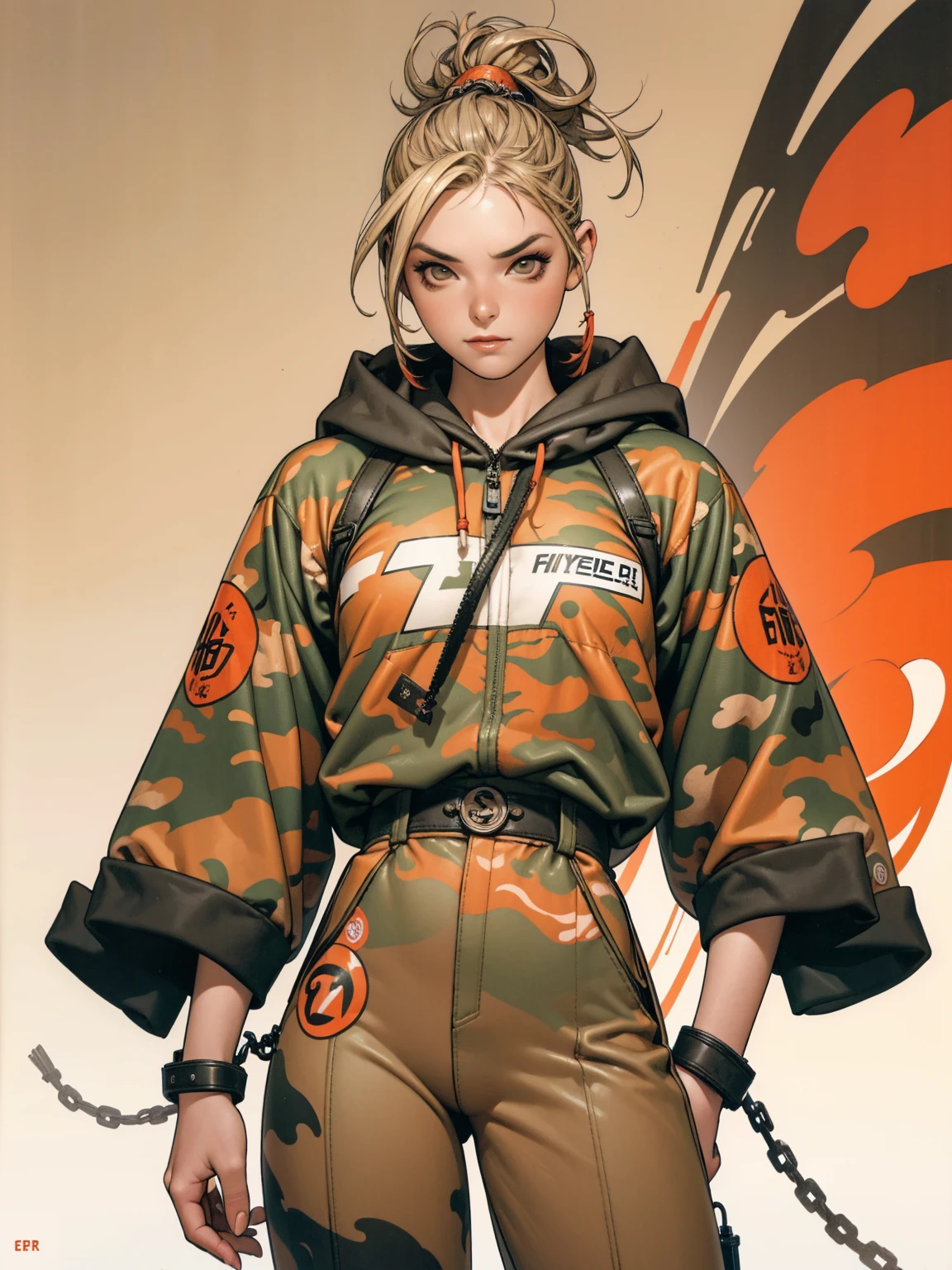 (best qualityer))), (((manga strokes))), (((blonde hair with red highlights))), (((wide-leg pants with desert camouflage print))), uma Kizi jovem muito bem vestida com roupas modernas de verão, paintball camouflage pattern pants, top with vertical stripes, short jacket with fur hood, beautiful and expressive face, slightly-smile, big eyes with long black eyelashes, heavy make-up, chains and zippers spread across clothes, contrasting colours, pose de atitude, hair with a modern and futuristic cut, urban game poster art, dramatic camera angles, graffiti art elements in the background, design mixing contemporary and retro by Shepard Fairey, (((cowboy shot))), (((best qualityer: 1.4))), (Unbeatable masterpiece), (hiper HD),(CG 8k hyper-realistic), Kizi, (((standing alone))), pirralha violent, (((14歳))), sexly, pose de atitude, work of art, post-apocalypse, (((manga style))), bounty hunter, violent, Manic, the way you want, slenderbody, thin but strong, perfectbody, roupa moderna, advanced technology, neon, sleeves with vertical striped pattern, neutral background, (( bird eye )). intricate visual