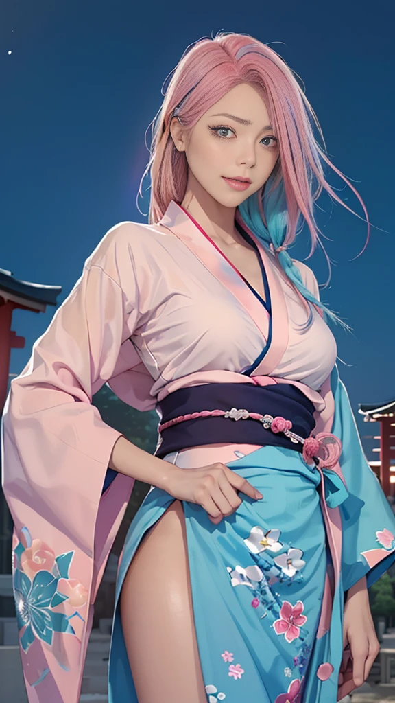 8K picture quality、top-quality、masutepiece、An ultra-high picture quality、ultra-detailliert、Ultra-realistic hair quality、Vibrant colors、Beautuful Women、Beautiful long hair、Shiny hair、detailed hairs、Blue Mesh、poneyTail、Blue eyes、shiny skin of moles in the corners of the eyes,,,,,,,,、Lace underwear、One mole in the valley、large pectoral muscles、Very gigantic-breasts、Sweat on the forehead and cheeks、extremely big ass、Fluffy off-shoulder yukata、A smile、soft pink lips、Ultra-realistic flesh feeling、Red cheeks、summer festival in background