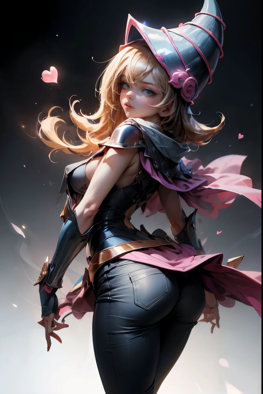 dark magician gils, with high-heels. Pants,  sexy, Subjective and sensual pose, standing showing her butt. magic background. Magical heart in the air. magic circle 