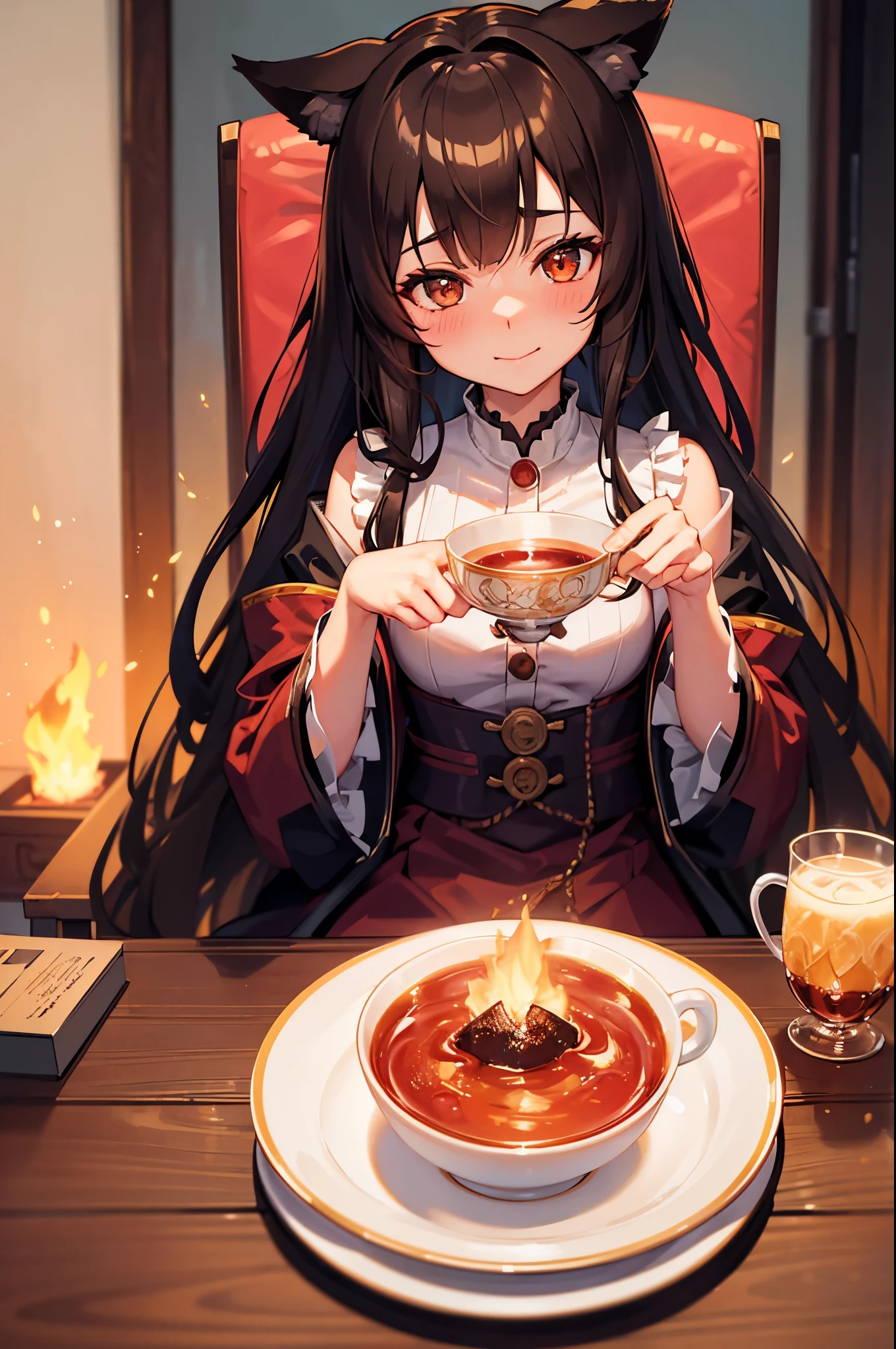 looking at viewer,detailed background,Cinematic Lighting,film grain,score_9,score_8_up,score_7_up,masterpiece,best quality,highly detailed,
glowing,Expressiveh,th3rm4l,colorful,
1girl,animal ears,brown hair,smile,cup,virtual youtuber,solo,dog ears,brown eyes,(fire:1.2),inugami korone,holding,bangs,sitting,long sleeves,teacup,blush,food,chair,table,sweat,indoors,closed mouth,dog girl,chibi,looking at viewer,(burning:1.2),