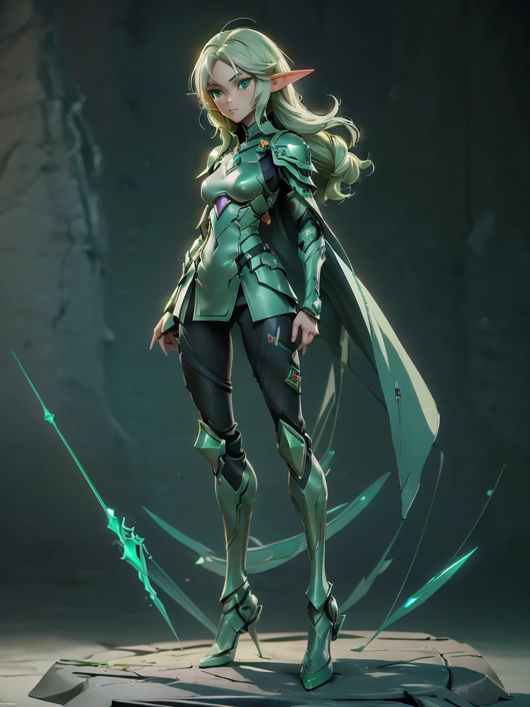 (((Best Quality))), (((Masterpiece))), (((Realistic))) slender, cute elf girl with short pinky hair and vibrant green eyes. She wears high tech armored suit and hold an ornated spear (extremely detailed:1.5)(full body shot:1.5)