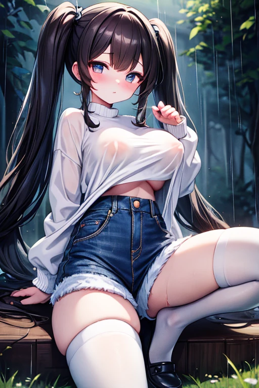 Maximum quality, masterpiece, high qualiy(Uma garota very beautiful, very beautiful) with dark hair, tied in light pigtails, big boobies, looking at me with a silly innocent shy but delicate and beautiful, wearing a bulky sweater with long sleeves, and a , wearing tight denim shorts wearing big socks, outdoors amidst the trees and rain.