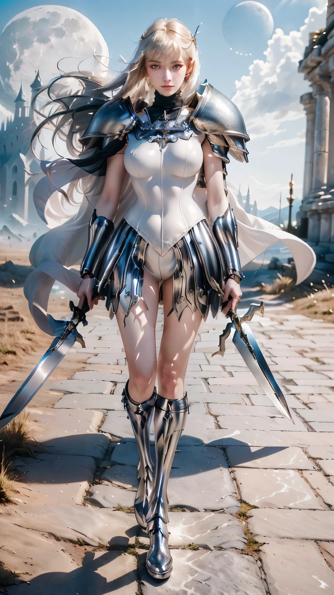 a close-up of a person in costume with a sword, girl of the zodiac knights, Claymore, pale black armor, streamlined white armor, lodoss, dressed in ethereal battle armor, wearing witch blade armor, portrait girl of the zodiac knights, female moon knight, in opal armor, white armor, 
Detailed eyes, detailed face, PERSEPHONE, (SFW:1.5)
Hyperrealistic, huge saggy breasts,
