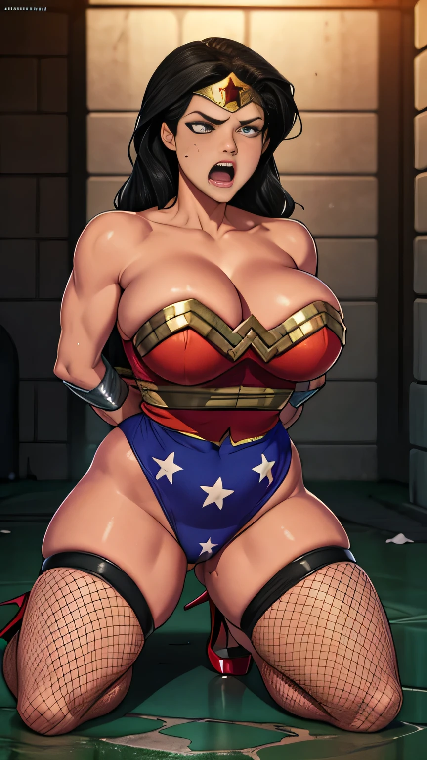 a cartoon of a woman in fishnet pantyhose, stiletto high heels, posando, commission for high res, Wonder Woman, comic pinup style, giantess art, Thick, thicc thighs!!!, commission for, oc commission, fullbody commission for, sww version, thicc thighs!!!!!!, by Randy Vargas, by Yoshihiko Wada, by Kentaro Miura, bare thicc thighs!!! Expression of fear, expression of despair, terrified. Bondage, submission, tied with ropes. screaming in pain, suffering a lot, destroyed, HUMILIATED, captured and raped by bandits, raped, degraded, degrading, degradation, depravation. abandonned, torn garments, in the dungeons of castle. In the middle of the river in the ditch, in the sewer, dirty. Filthy, she is a street slut,prostitution, forced into prostitution.