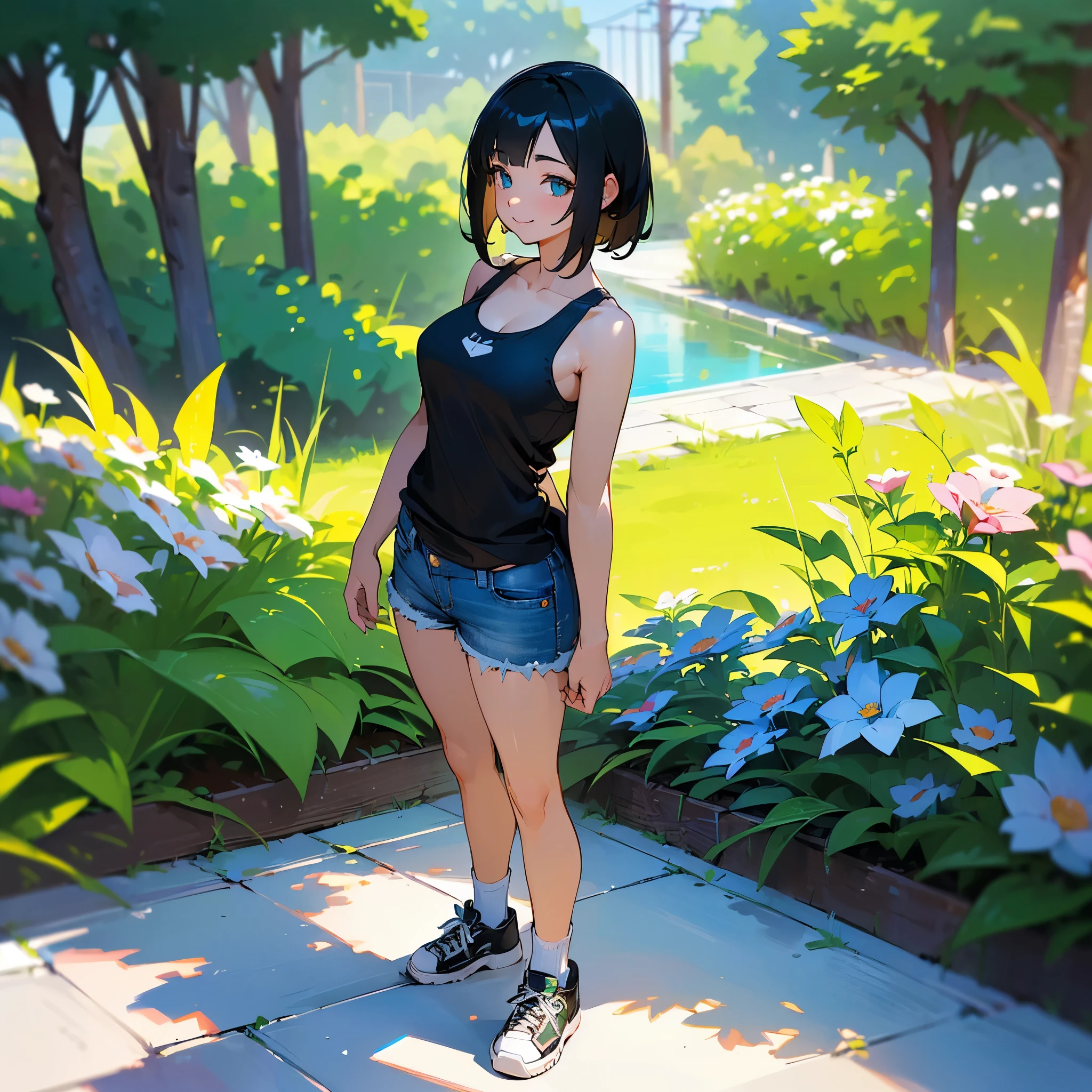 (high quality, High resolution, Very detailed, reality:1.37), Peaceful atmosphere, (Outdoor, garden), age girl standing alone, (my breasts are big.), Beautiful details, Cute Smile, (Black bob hair), White tank top, Denim shorts, Blue socks, sneakers.
