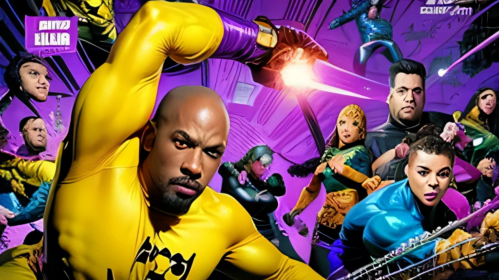Professional image illustrative cover pattern with purple background, and luke cage with yellow shirt seriously
