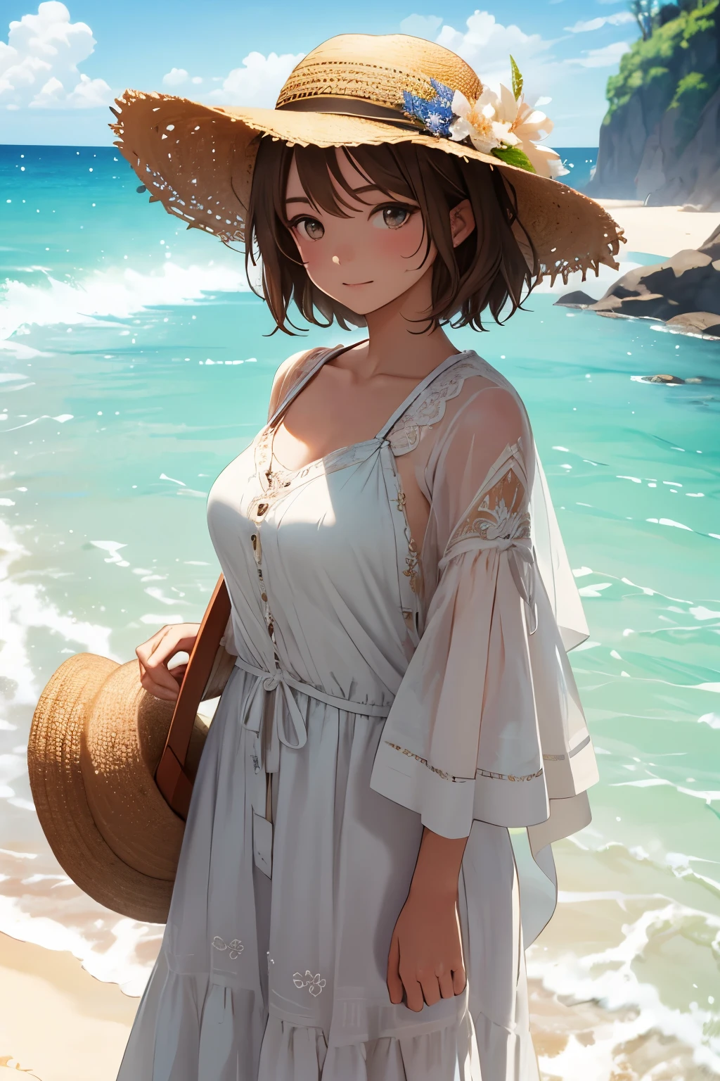 masterpiece、Vast landscape（（Mystic Sea、Sandy Beach））、Beautiful girl、Huge 、Brown hair Short hair、Long dress embroidery、Straw hat with floral decoration
