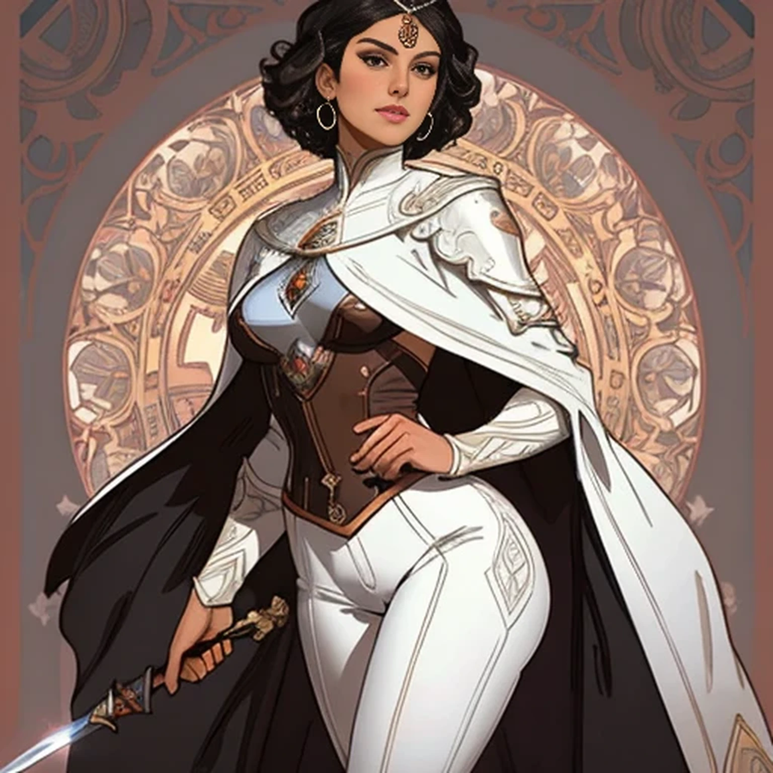 Elaborate border, beautiful brown woman with silver eyes and short curly hair wearing white pants, cold cape with a sheathed sword,  good anatomy, dynamic pose, good proportions, Modern flair, vector, highly detailed, intrikate, work of art, realisitic, proffesional, black fantasy Diablo III,  Illustration by Alphonse Mucha (centred), (well framed)