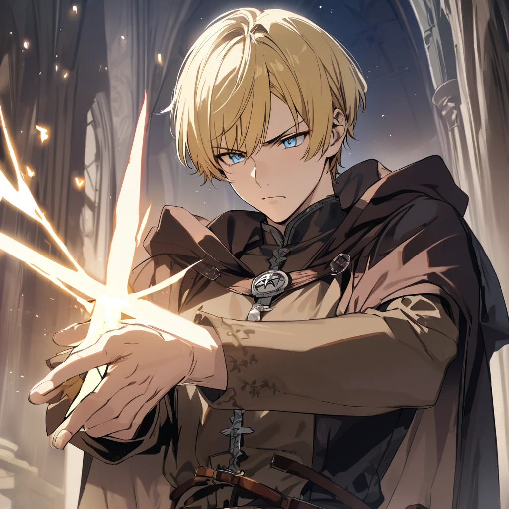 masterpiece, high quality, detailed background, man, blonde, short hair, anime, light blue eyes, serious expression, casting a spell, yellow pentagram, dressed in a black and brown medieval outfit
