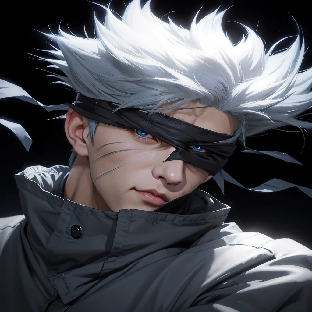 beautiful character with a blue eye and a black jacket, trigger cute artstyle, inafune design, otaku gangasta, kakashi hatake, he has dark grey hairs, joker as naruto, jujutsu kaisen, kakashi, naruto artstyle, ufotable art style, anime stylized, vergil, with index finger