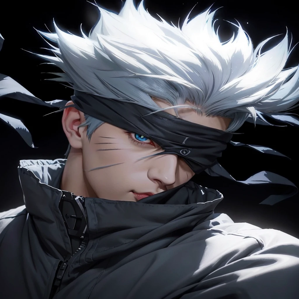 beautiful character with a blue eye and a black jacket, trigger cute artstyle, inafune design, otaku gangasta, kakashi hatake, he has dark grey hairs, joker as naruto, jujutsu kaisen, kakashi, naruto artstyle, ufotable art style, anime stylized, vergil, with index finger