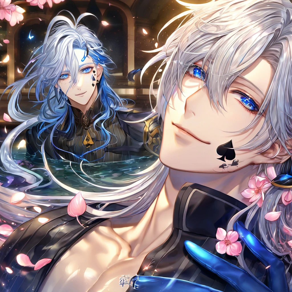 absurdres, highres, ultra detailed, HDR, master piece, best quality, extremely detailed, Hotsuin Yamato, silver hair, messy straight hair, hair over the right eye, expressive purple eyes, Devil Survivor 2, solo, sexy man, handsome, toned chest, black heavy trench coat, white gloves, magical, fantasy, glittering, sparkling, glass, blue flowers, blue petals, water, blue moon