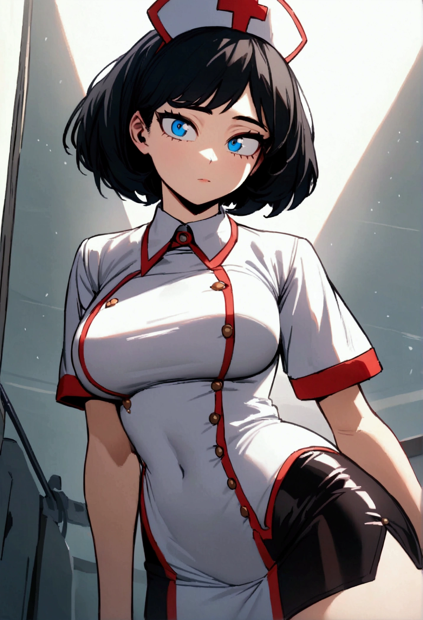 My hero academia, girl, black short hair and blue eyes, fully clothed, nurse style, thin body
