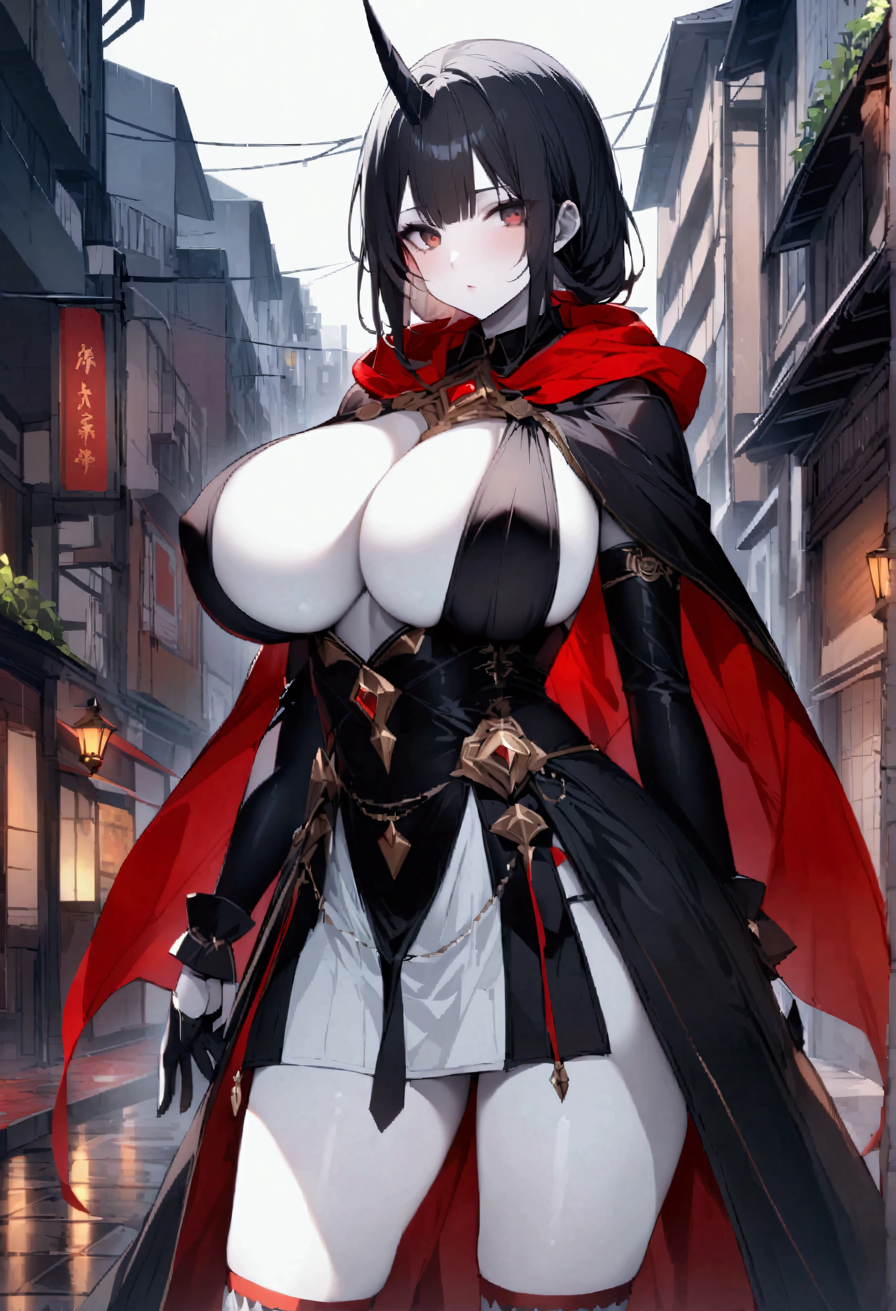 score_8_up、score_9_up、、One girl、（Red eyes、Grey Eyes）、One Horn、（Huge breasts、Saggy breasts）、White skin、（Black Hair、White Hair）、Hooded cloak、Chest Curtain、String、Knee socks、Fantasy City、rain、