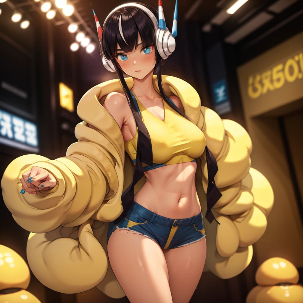 detailed, highres, ((1girl only)), bw2elesa, black hair, streaked hair, long sidelocks, hair ornaments, headphones, yellow jacket, puffy jacket, crop top, yellow and blue shorts, public, catwalk (modelling), indoors, pokemon gym, nimbasa city gym, full body, ((she has a slender body)), ((she is alluringly lifting her top with one hand and pulling her short with her other hand almost showing her full breasts and vagina)), standing, bright almond eyes, blue eyes, (sweat), pulling own clothes, ((crop top lift)), alluring, (left hand pulling shorts down halfway), cleft of venus, teasing, nipple slip, very small breasts, pulling own clothes, looking at viewer, background blur, dutch angle, sexy, dark background, colored lights, borderline nude, erotic