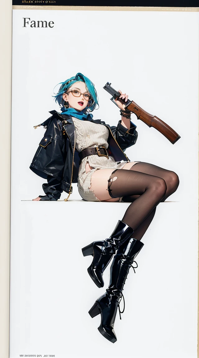 (best quality), ((masterpiece)), (highres), illustration, original, extremely detailed, zlqs, 1girl, solo, weapon, pantyhose, boots, gun, glasses, jacket, torn clothes, white background, black footwear, twin braids, torn pantyhose, simple background, dress, full body, brown pantyhose, braid, hairband, black-framed eyewear, holding weapon, green jacket, open mouth, black hair, holding, white dress, gloves, long hair, holding gun, handgun, brown eyes, looking at viewer, jewelry, knee boots, breasts, bangs, long sleeves, torn dress, scarf, fingerless gloves, open clothes, open jacket, belt Goddess ((goddess-like woman)), slim elegant silhouette, masterpiece, (close angle), best quality, pale skin, fair skin, sweet face, (masterpiece:1,2, best quality), (real picture, intricate details), (1 lady , solo, medium , slim waistline, ), ((Jinx/LOL)), a woman short hair, darkblue hair, brown eyes, (darkblue hair), big brown doe eyes, she has an impressive presence., short hair, bracelet, hoop earrings, jewelry, beautiful face, beautiful eyes, Side Pose, Side View, She is wearing a sweater dress and over-the-knee boots, the jewelry gives her overall appearance a touch of glamor. sweet smile, thigh gap, sweet irresistible smile, elegant pose, elegant hands, beautiful hands, perfect fingers, background: Park, a beautiful park, trees, walkway, flowers, bushes,