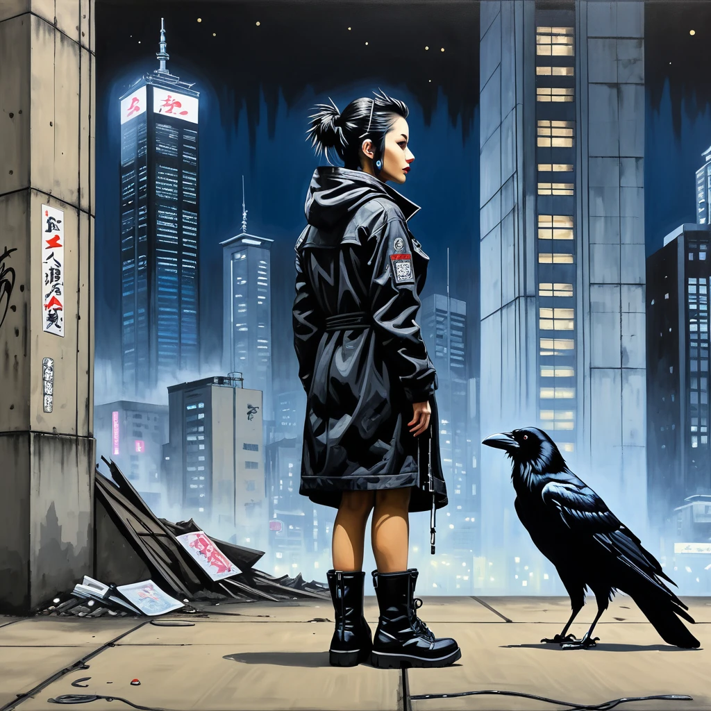Cartoon. Cyberpunk. Full-length photo. Background is a Japanese skyscraper at midnight. Painted by Banksy. Oil painting of a heroine in profile on the ground dressed as a black crow.