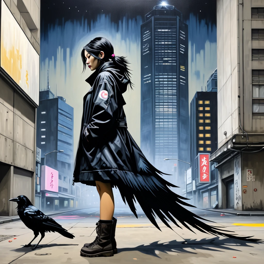 Cartoon. Cyberpunk. Full-length photo. Background is a Japanese skyscraper at midnight. Painted by Banksy. Oil painting of a heroine in profile on the ground dressed as a black crow.