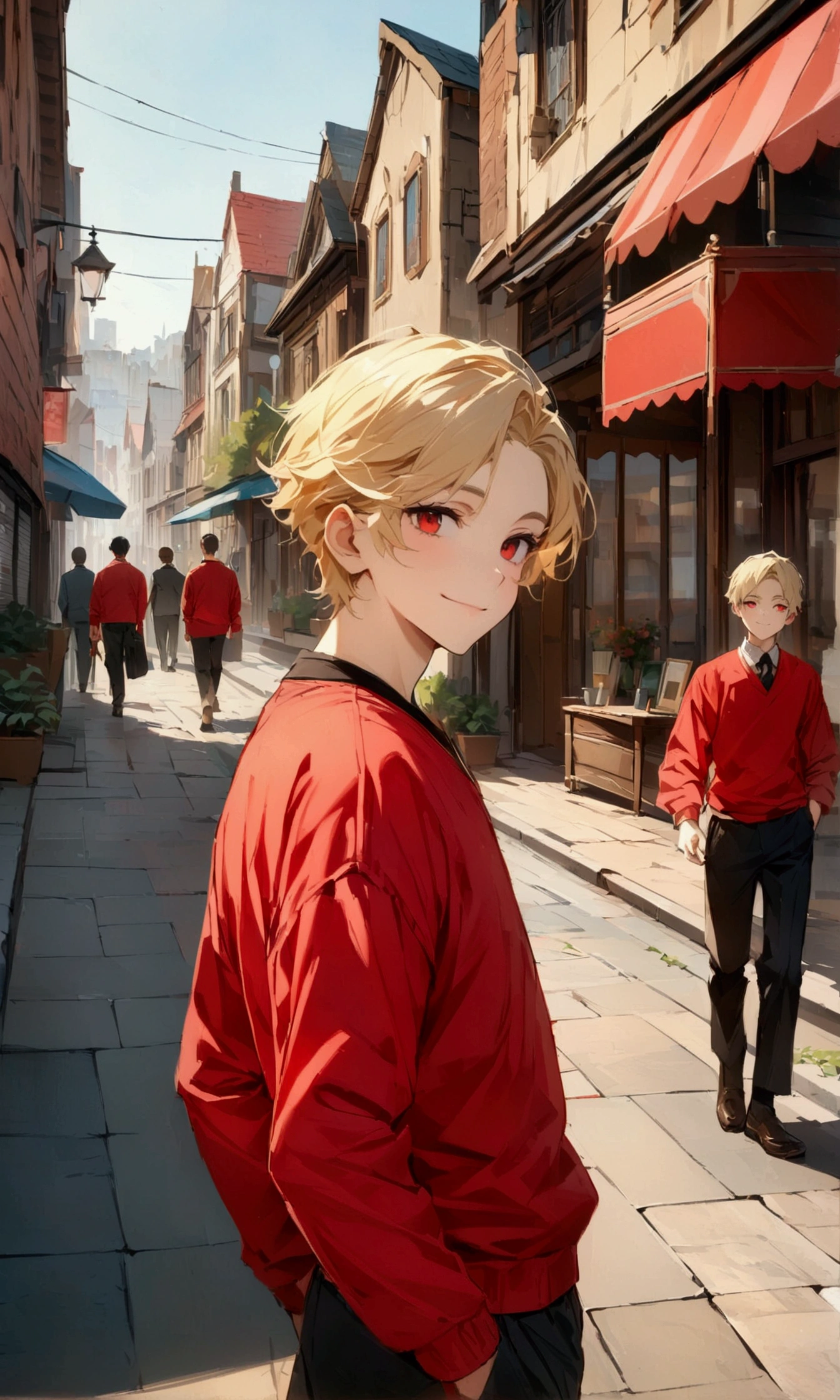 (top quality picture, ultra HD, 8k image) ung boy, with short blonde hair, The red eyes, with a Machiavellian smile, wearing red sweatshirt, walking in the city