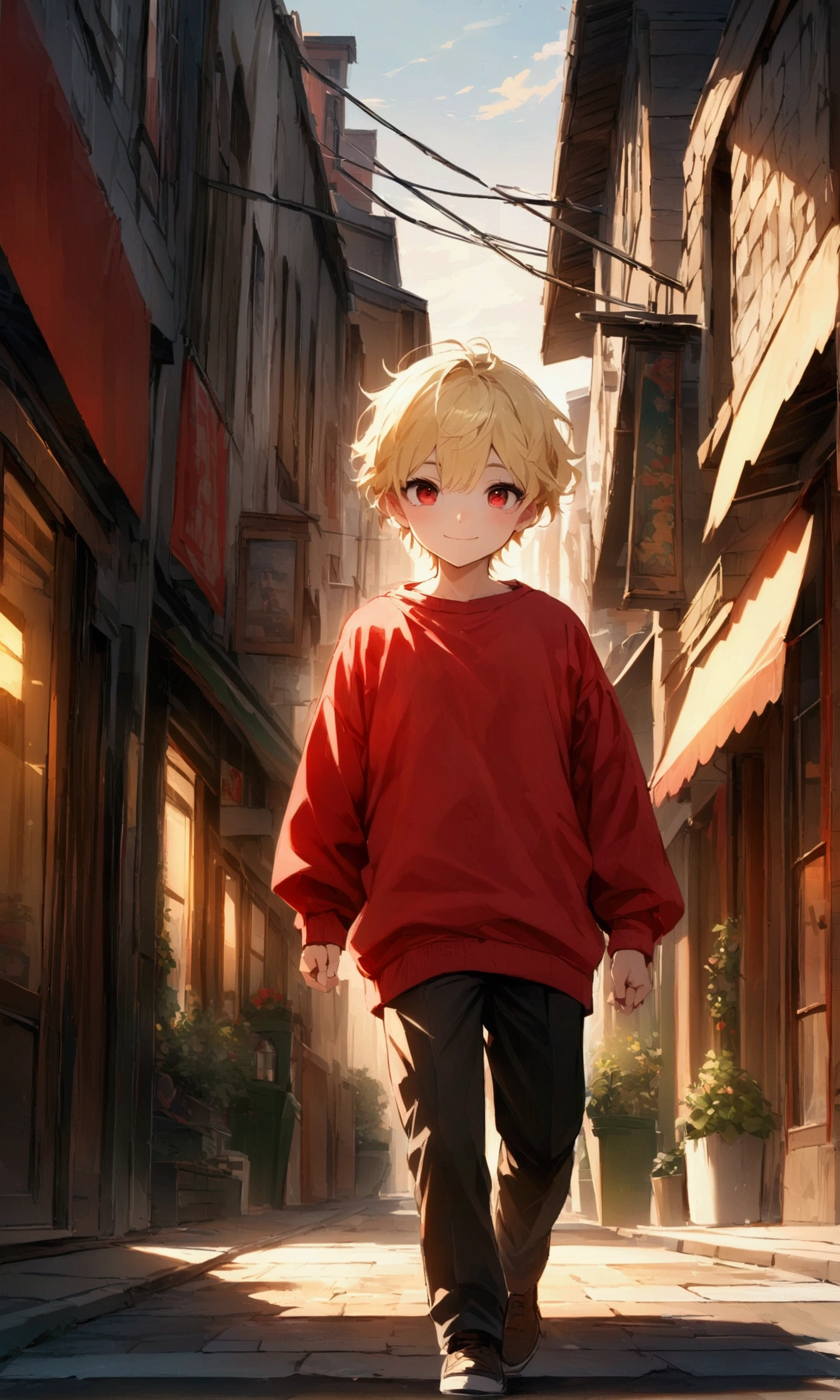 (top quality picture, ultra HD, 8k image) 1 young boy, with short blonde hair, The red eyes, with a Machiavellian smile, wearing red sweatshirt, walking in the city