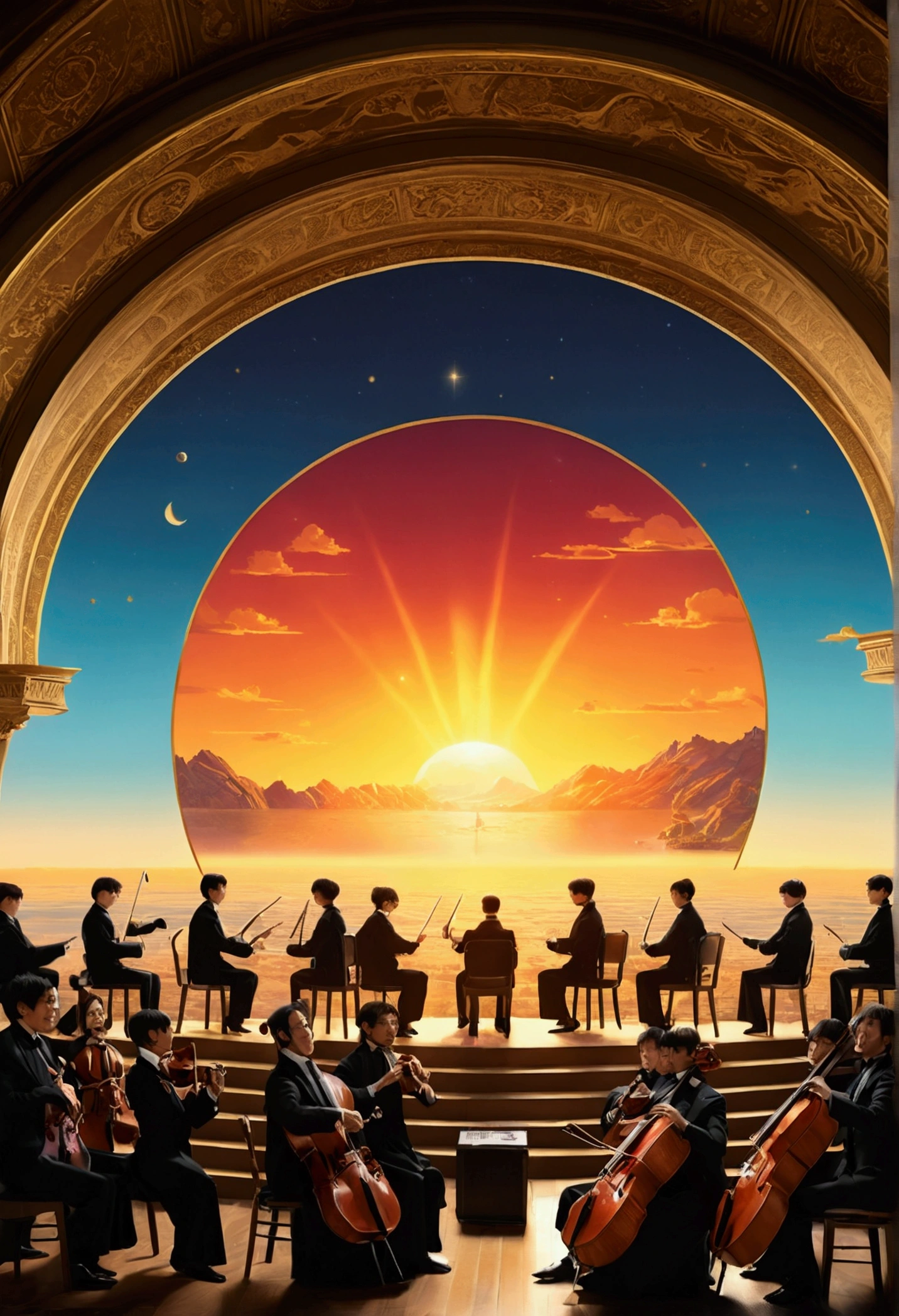 quality\(8k、Very detailed CG ユニットのwallpaper、masterpiece、High resolution、最高quality、最高qualityのリアルなテクスチャ スキン、Surreal、Increased resolution、RAW Photos、最高quality、Very detailed、wallpaper、Cinematic lighting、Ray Tracing、Golden Ratio\)、Breaking、An orchestra playing classical music、orchestra、And behind them、There is a beautiful, dazzling sun rising behind something big and beautiful. 、(long shot: 1.5)